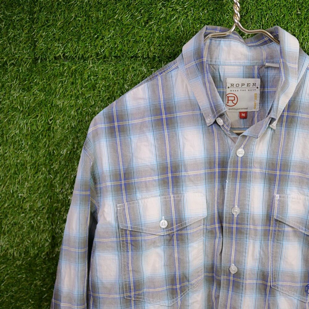 Roper Plaid Western Button-Down Shirt Blue/Gray - Men's Size M